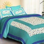 Jaipuri Screen Printed Cotton Double Bed Sheet with 2 Pillow Covers – 90x100 Size - Light Blue