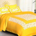 Jaipuri Screen Printed Cotton Double Bed Sheet with 2 Pillow Covers – 90x100 Size - Yellow