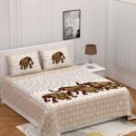 Rajasthani Jaipuri Traditional Sanganeri Print 160 TC 100% Pure Cotton Double Size Bedsheet with 2 Pillow Covers - Gold